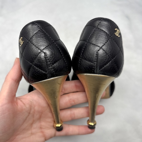 CHANEL Quilted Leather Open Toe D'orsay Side Cut Out Ankle Bootie Heels Black 37 - Picture 7 of 16
